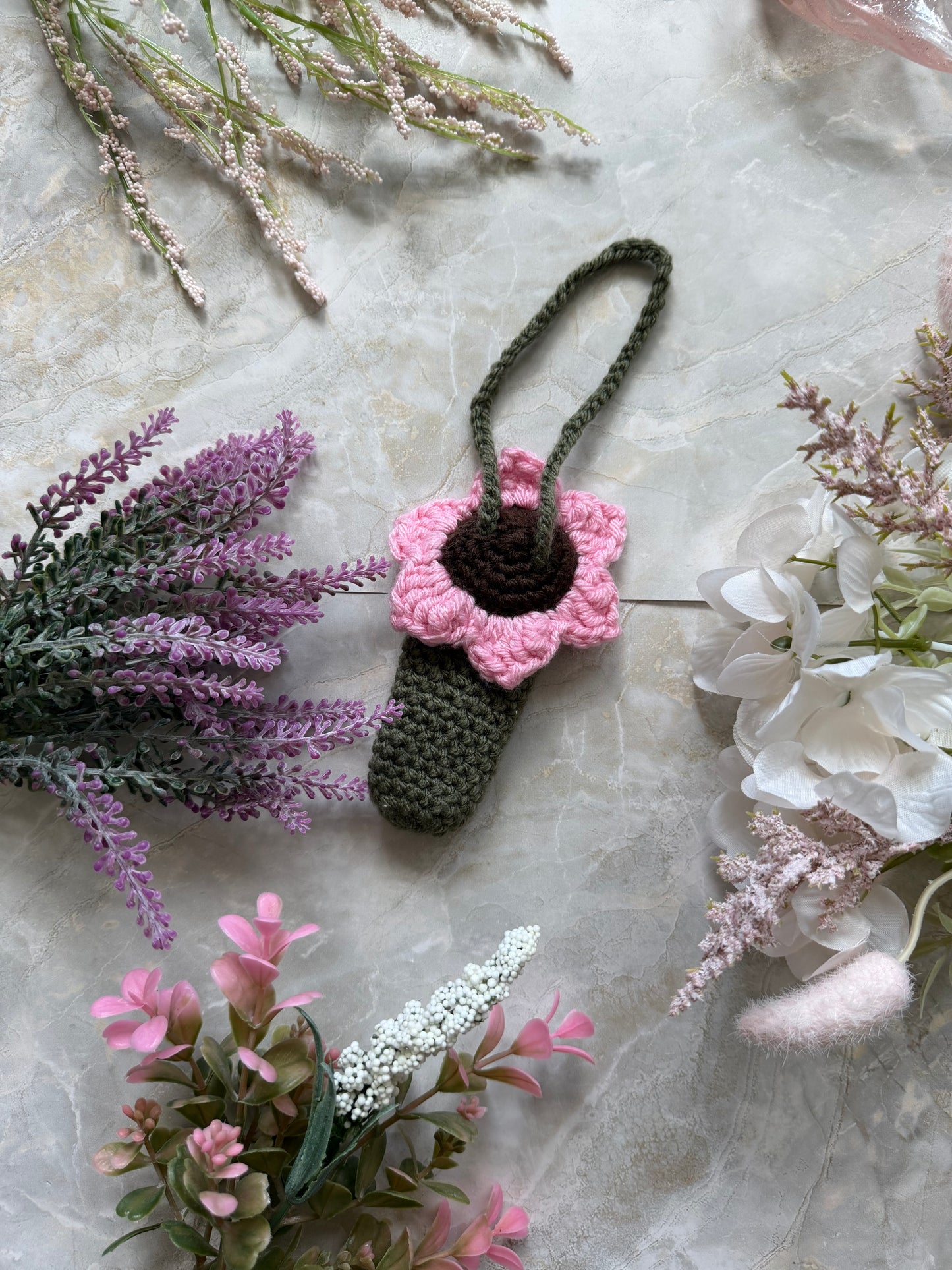 Crochet Lip Balm Holder- Pink Flower