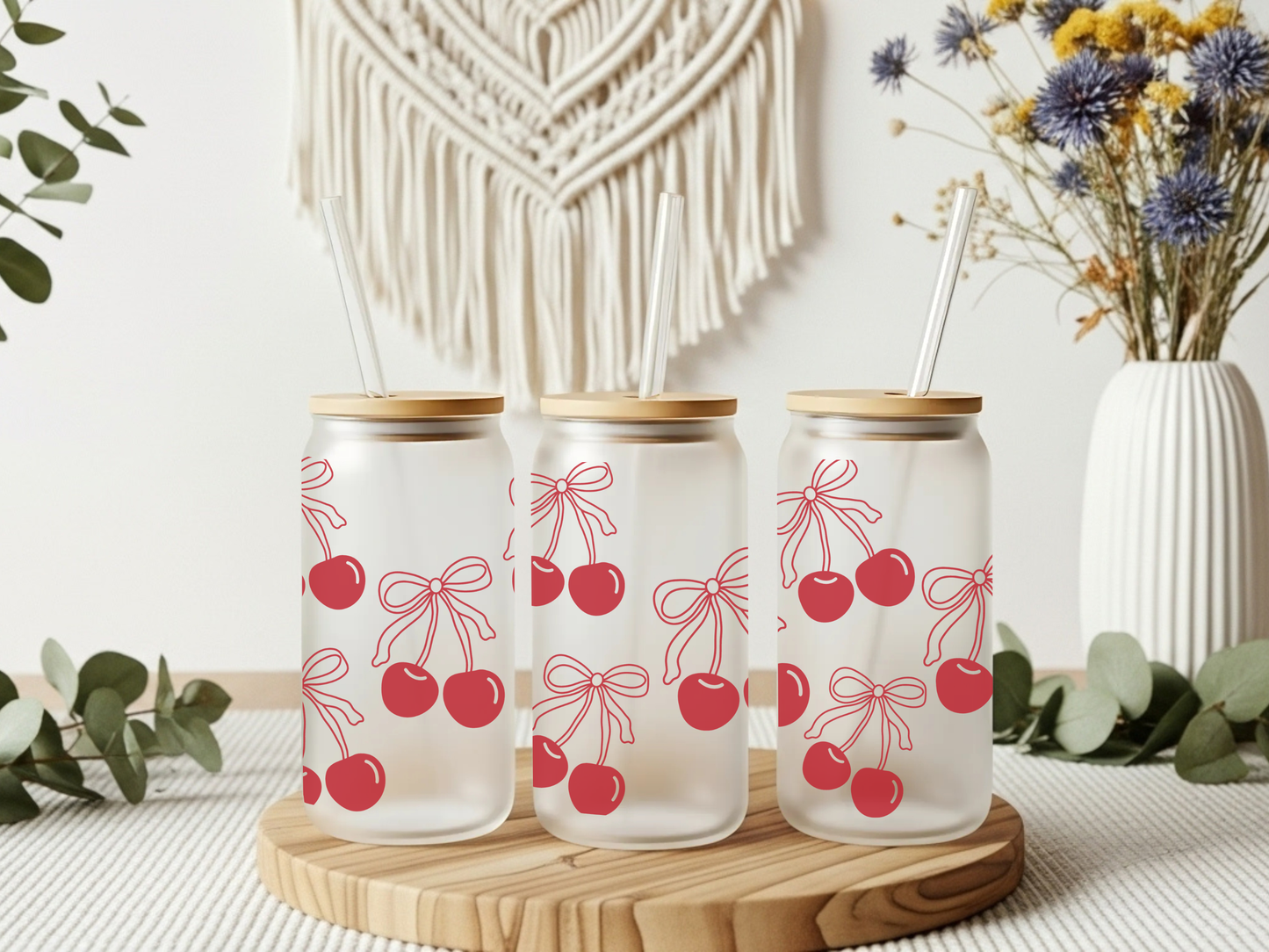 Frosted Glass Cup- Dainty Red Cherry