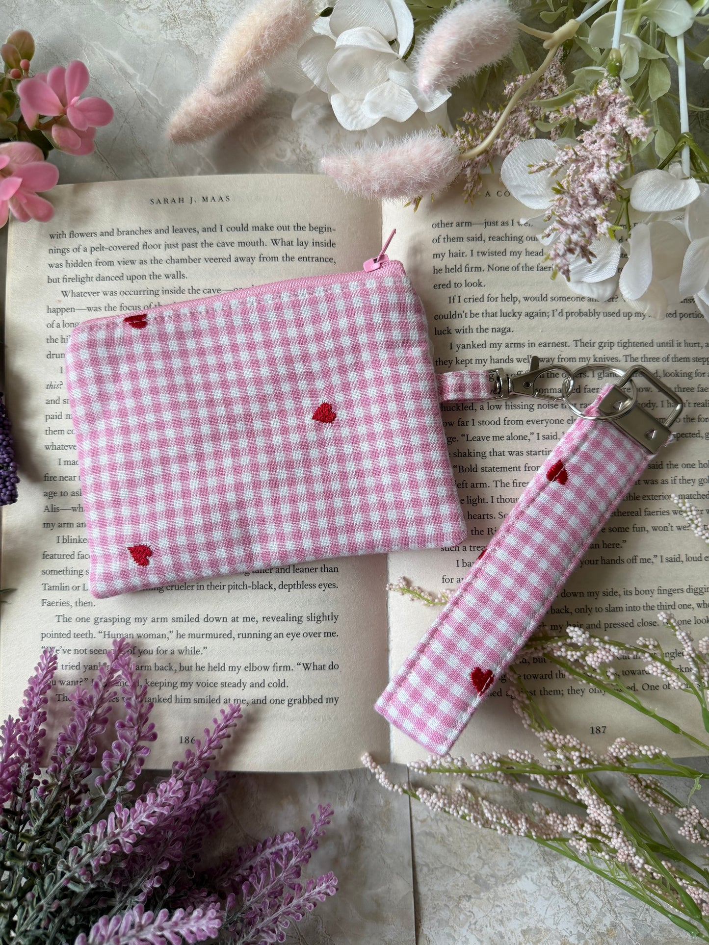 Wristlet & Pouch - Pink Gingham Hearts