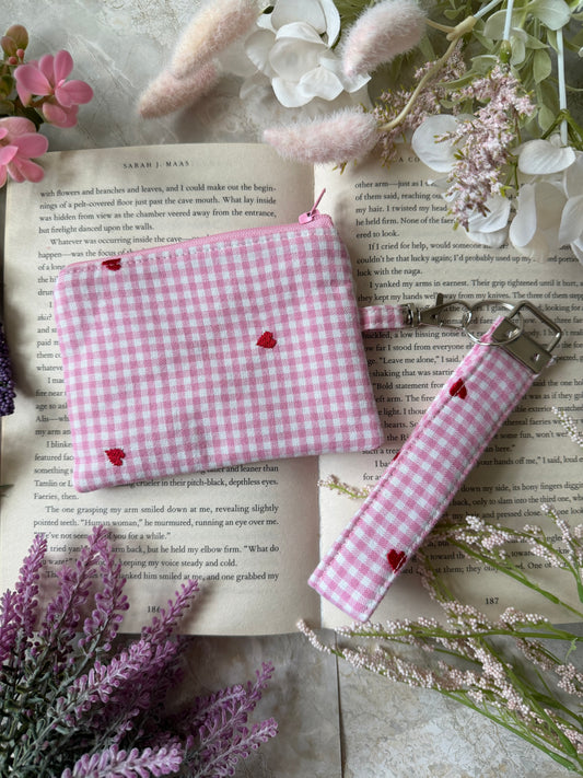 Wristlet & Pouch - Pink Gingham Hearts
