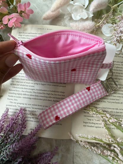 Wristlet & Pouch - Pink Gingham Hearts