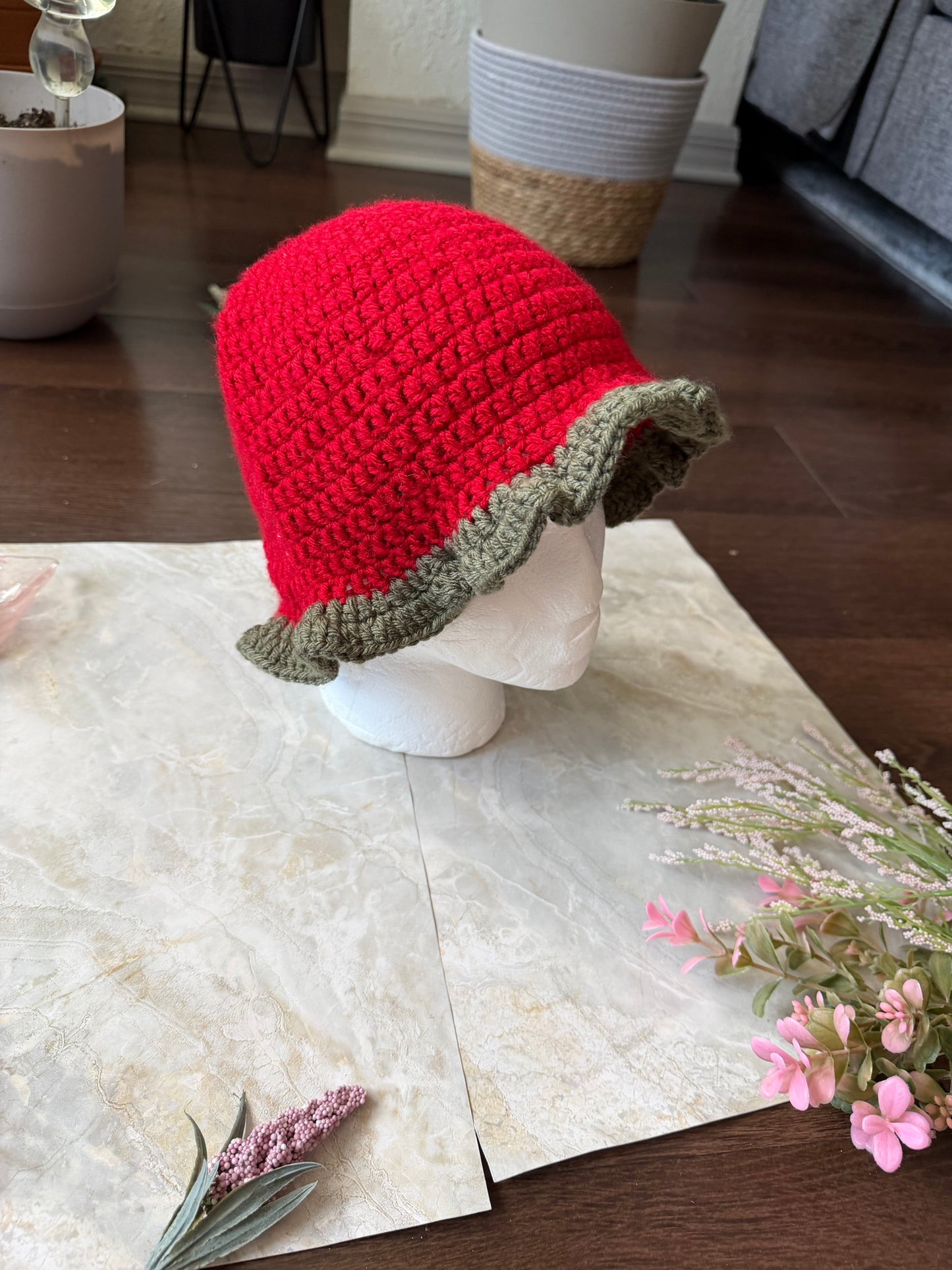 Crochet Bucket Hat- Strawberry