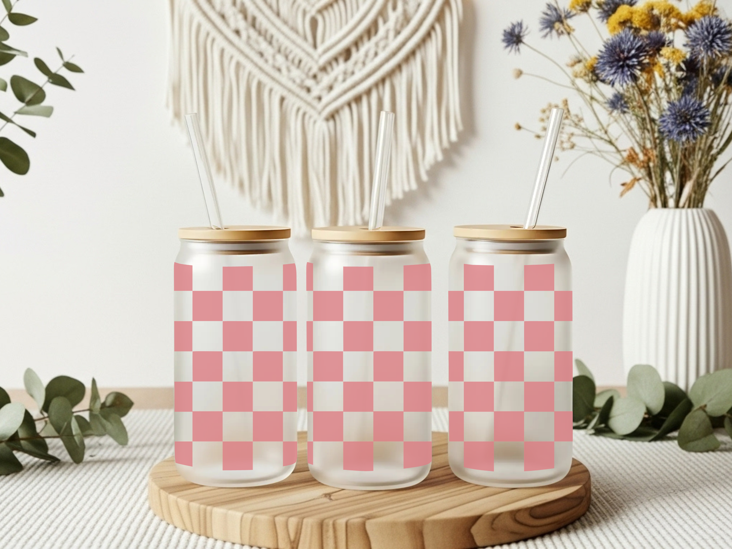 Frosted Glass Cup- Pink Checkered