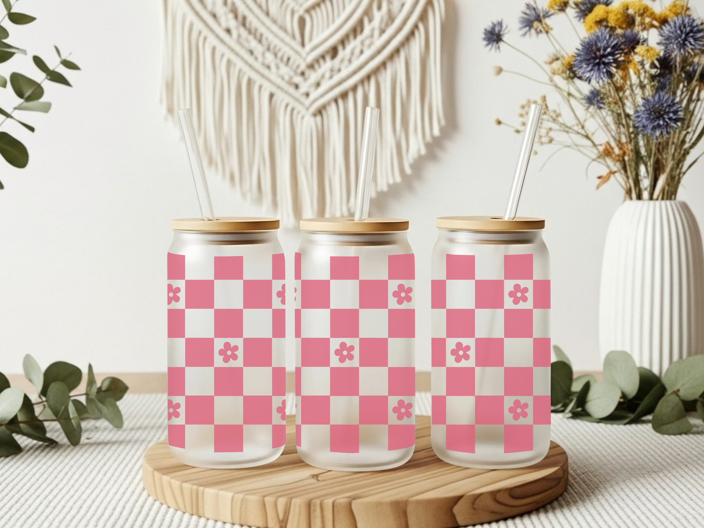 Frosted Glass Cup- Pink Gingham Flowers