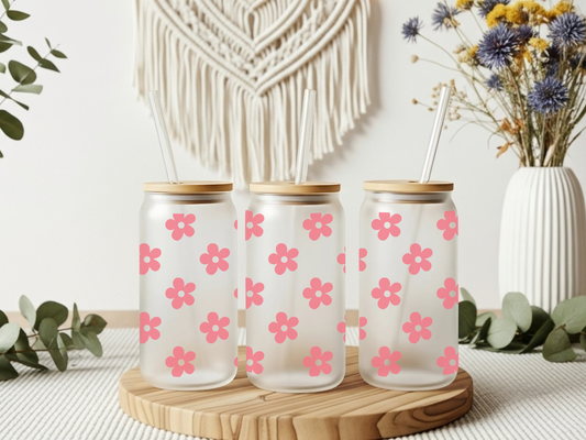 Frosted Glass Cup- Pink Flowers