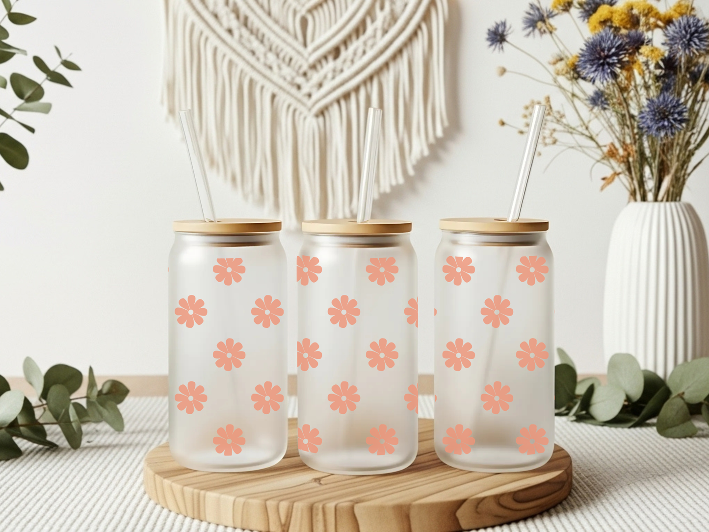 Frosted Glass Cup- Orange Flowers