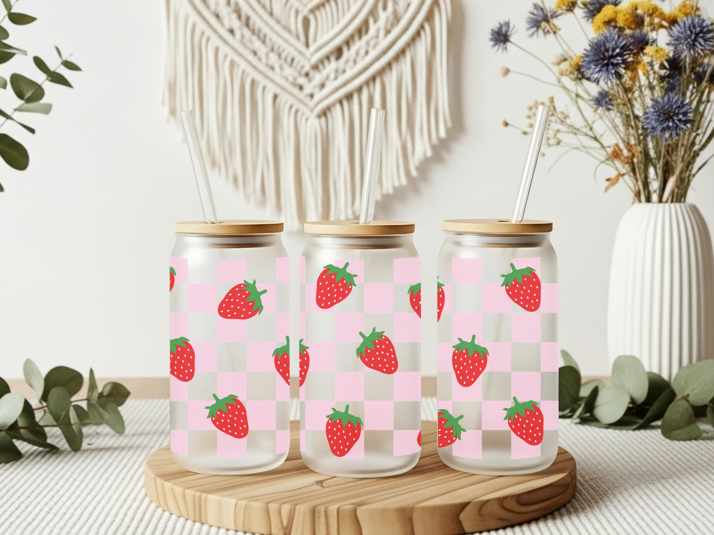 Frsoted Glass Cup- Checkered Strawberry