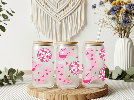 Frosted Glass Cup- Pink Cowboy