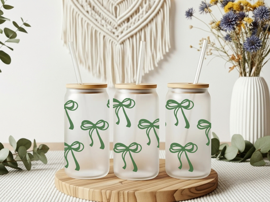 Frosted Glass Cup- Green Bows