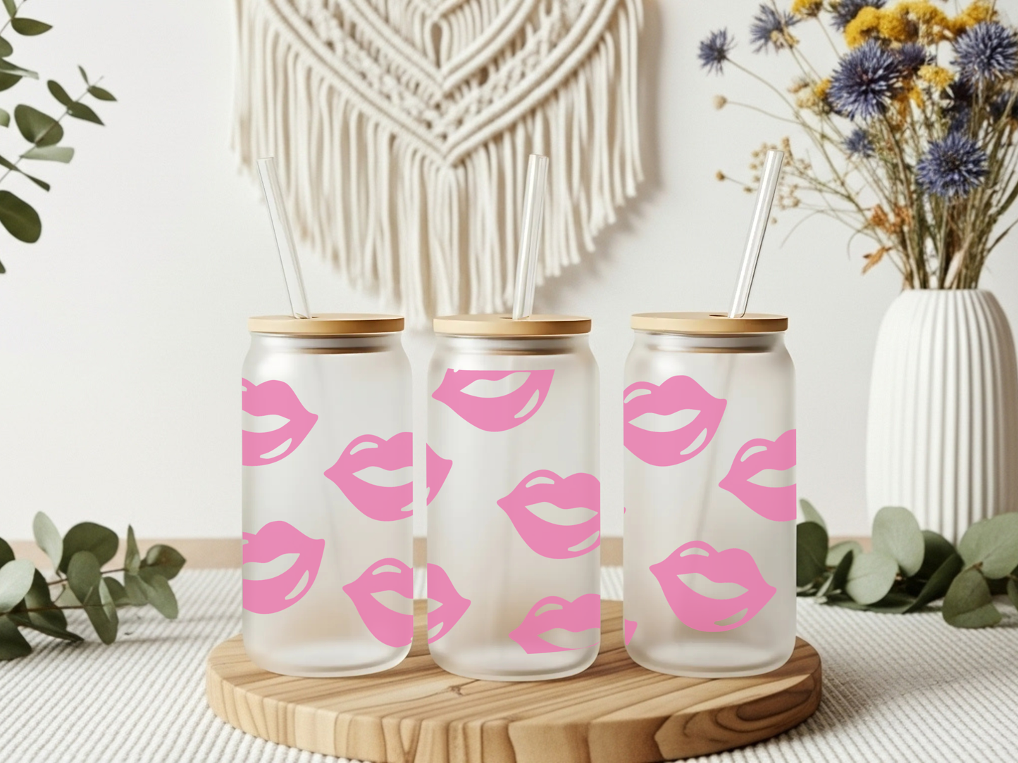 Frosted Glass Cup- Pink Kisses