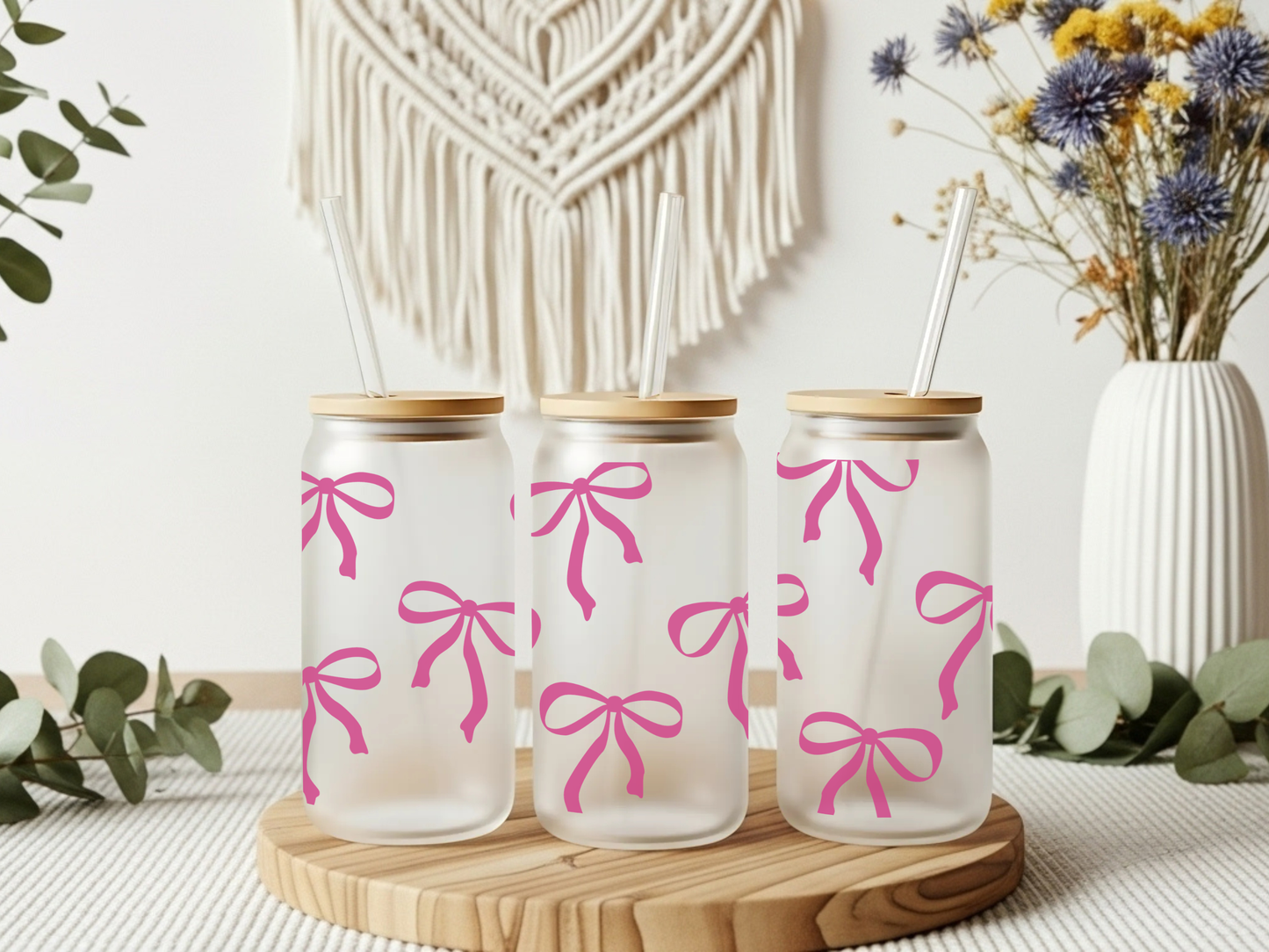 Frosted Glass Cup- Pretty Bows
