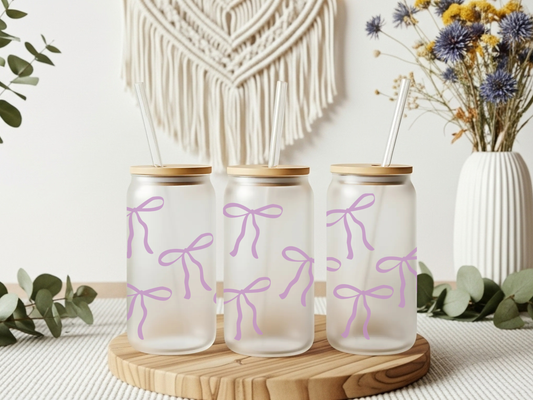 Frosted Glass Cup- Purple Bows