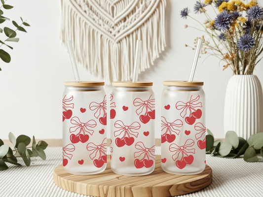 Frosted Glass Cup- Heart Cherry