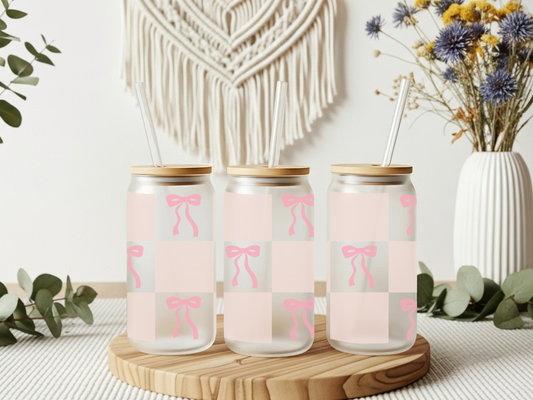 Frosted Glass Cup- Pink Gingham Bow